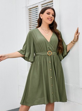 Big size women summer casual loose v neck party dinner dress