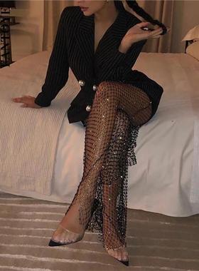Sexy bright diamond fishnet trousers女生性感透视亮钻渔网长裤