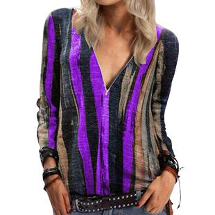 Ladies Tie Dye Striped Long Sleeve T-Shirt女扎染条纹长袖T恤