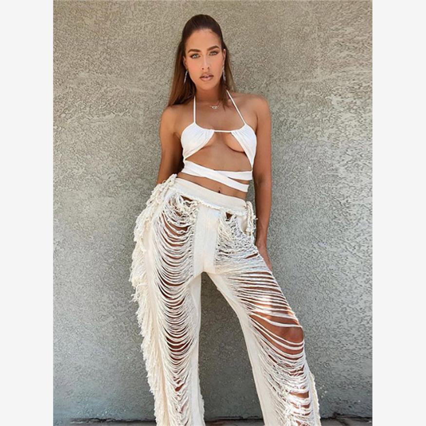Ladies Cutout Shredded Fringe Trousers时尚镂空破洞流苏长裤女