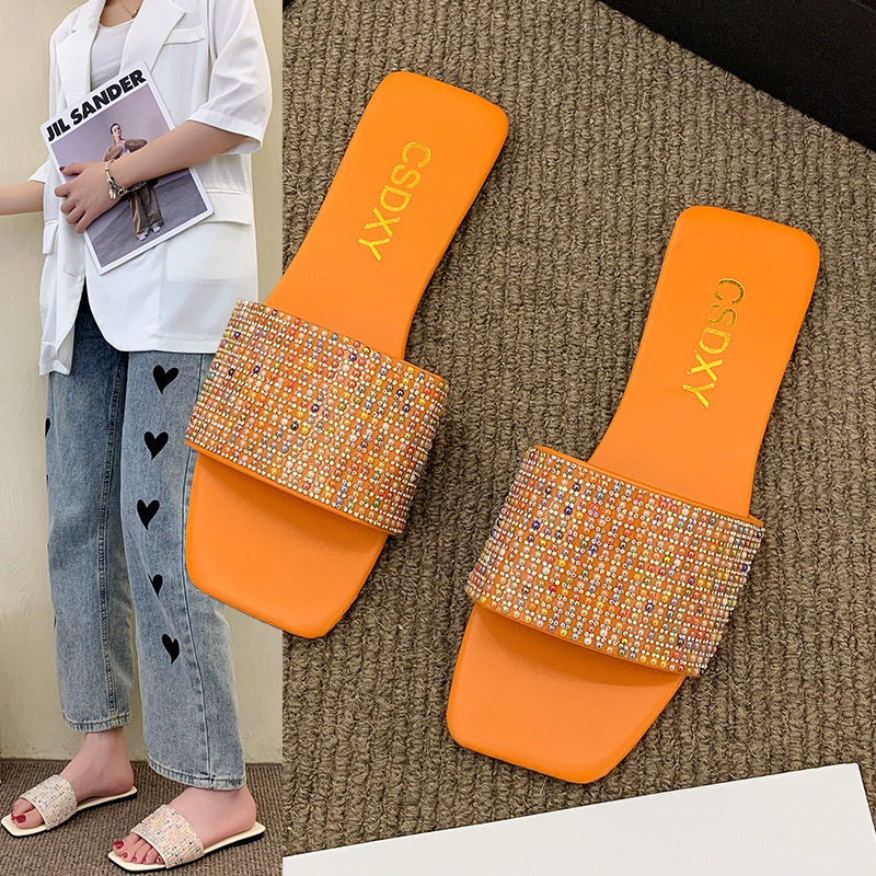 shoes women网红七彩水钻一字平底拖鞋春夏季糖果色户外休闲耐磨