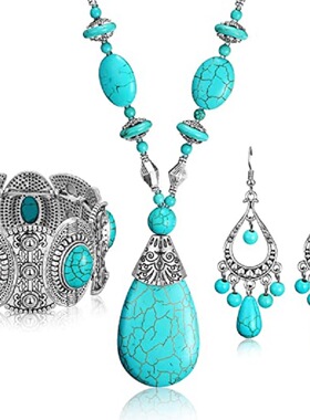 fashion Long Turquoise Necklace Earrings women绿松石吊坠项链