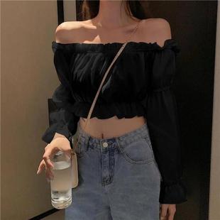 cropped neck shirt 女生T恤 One 甜美一字领高腰露脐短款 word