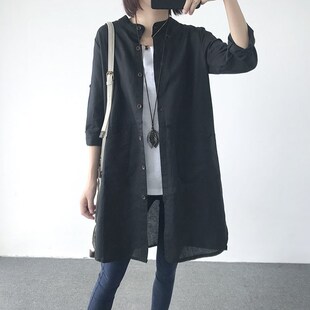 women clothes2026秋装新款宽松大码立领长袖中长款棉麻衬衣女早