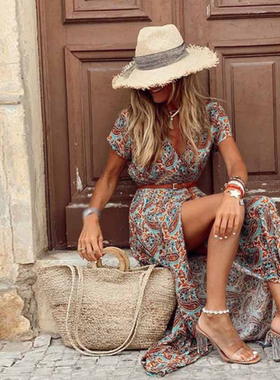 Fashionable Boho V-Neck Floral Waist DressV领碎花束腰 连衣裙