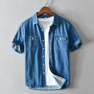 Japanese simple short sleeve denim shirt日系简约短袖牛仔衬衫