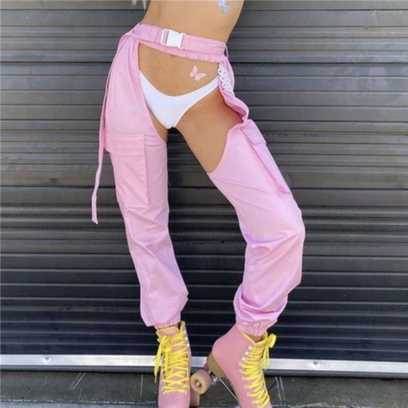 Personalized openwork chain cuff pants个性镂空链条束脚工装裤