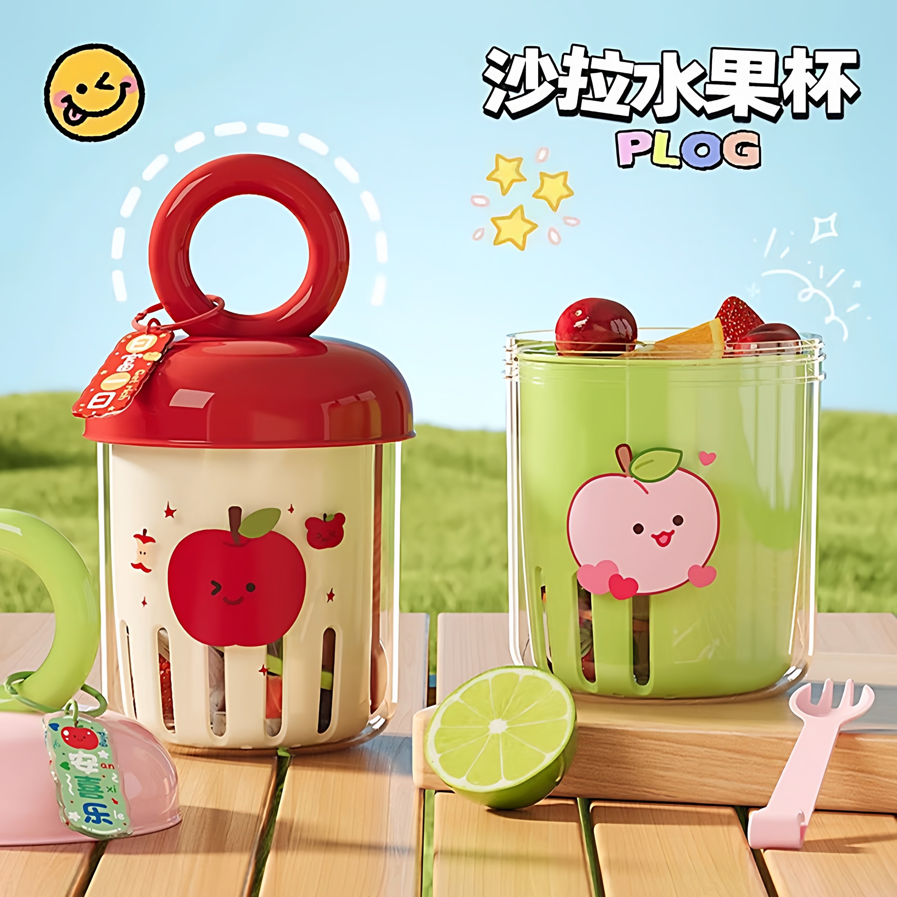 チュシンミ-水果杯户外便携式密封防漏带叉子酸奶沙拉杯双层水杯,收纳整理,食物收纳盒,淘宝优惠券,粉丝福利购,淘宝优惠卷
