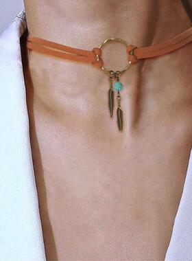 clavicle chain retro necklace leaf pendant leather choker 新