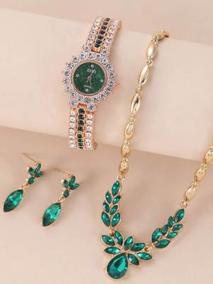 Diamond watch eardrop necklace chain gift set 手表耳坠项链女