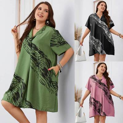 大码女装 plus size women casual loose dress 短袖宽松连衣裙