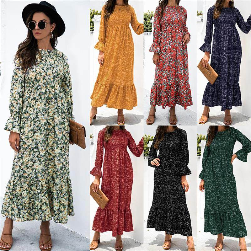Autumn printing wave point long sleeve connect dress skirt