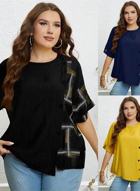 夏季蓝色圆领宽松上衣女 Summer clothes big size women blouse