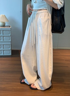 白色弯刀裤女夏凉感天丝亚麻阔腿裤小个子慵懒老钱风棉麻裤子薄款