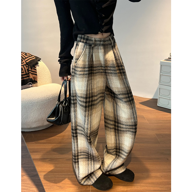 老钱风毛呢格子裤女冬加绒阔腿裤