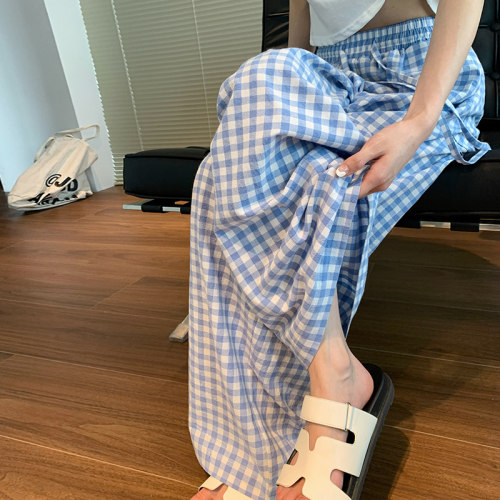 蓝色格子裤女2025新款夏薄款复古格纹阔腿裤
