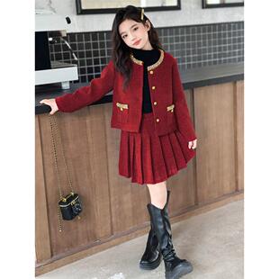 女童小香风套装2024秋冬款女孩高级感红色连衣裙喜庆拜年服两件套