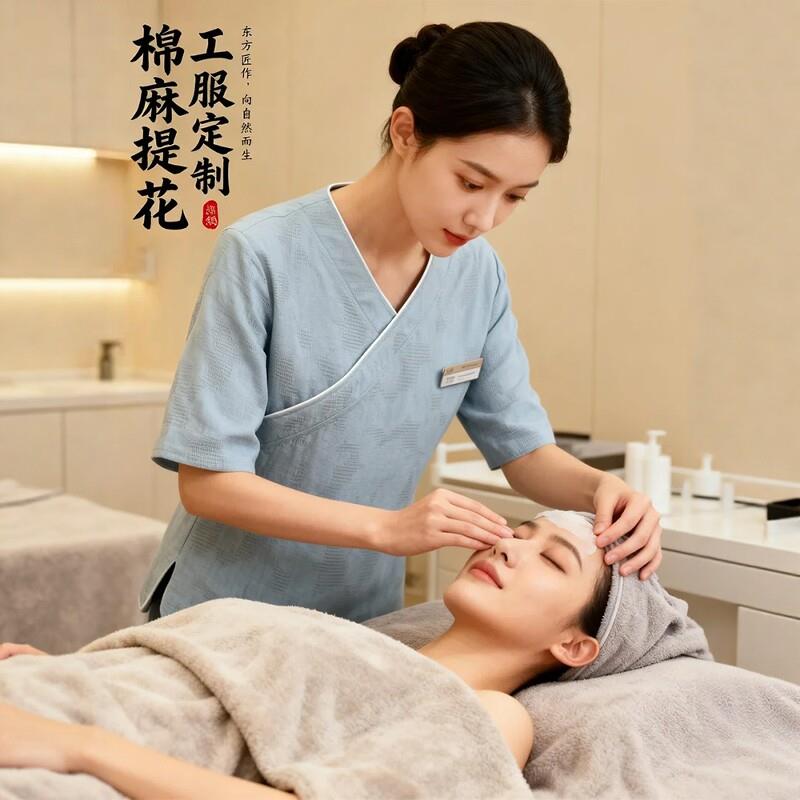 美容师按摩推拿工作服夏新款中式棉麻中医养生馆采耳头疗技师服装图片