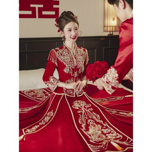 V领丝绒秀禾服2025新娘中式结婚婚服小个子显瘦裙褂敬酒出阁礼服