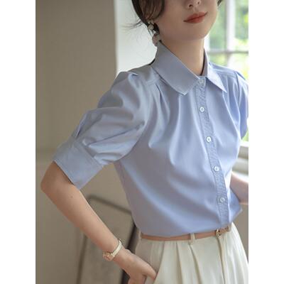 蓝色短袖夏季衬衫工作服装Ol设计小众专业面试正式衬衫中袖上衣