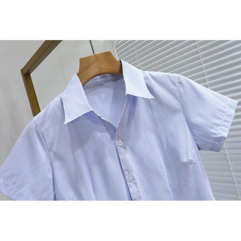 春夏季短袖蓝色条纹职业女衬衫加大码胖mm显瘦OL工作服衬衣