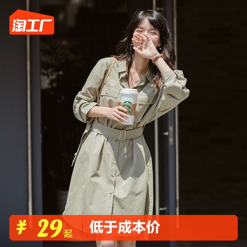 连衣裙子女夏季欧货气质名媛新款御姐衬衫裙腰带Polo领绿色长裙