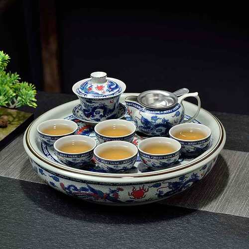 中式大茶盘套装龙凤功夫茶具茶杯盖碗家用陶瓷茶船釉中彩12.5英寸