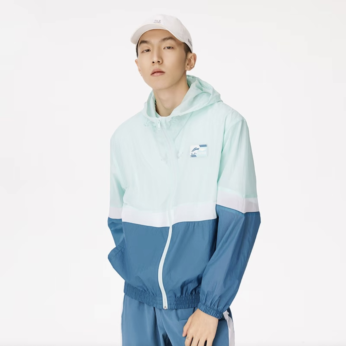 LiNing李宁 撞色小Logo运动连帽夹克 男款 暗青蓝拼色 AFDS309-4