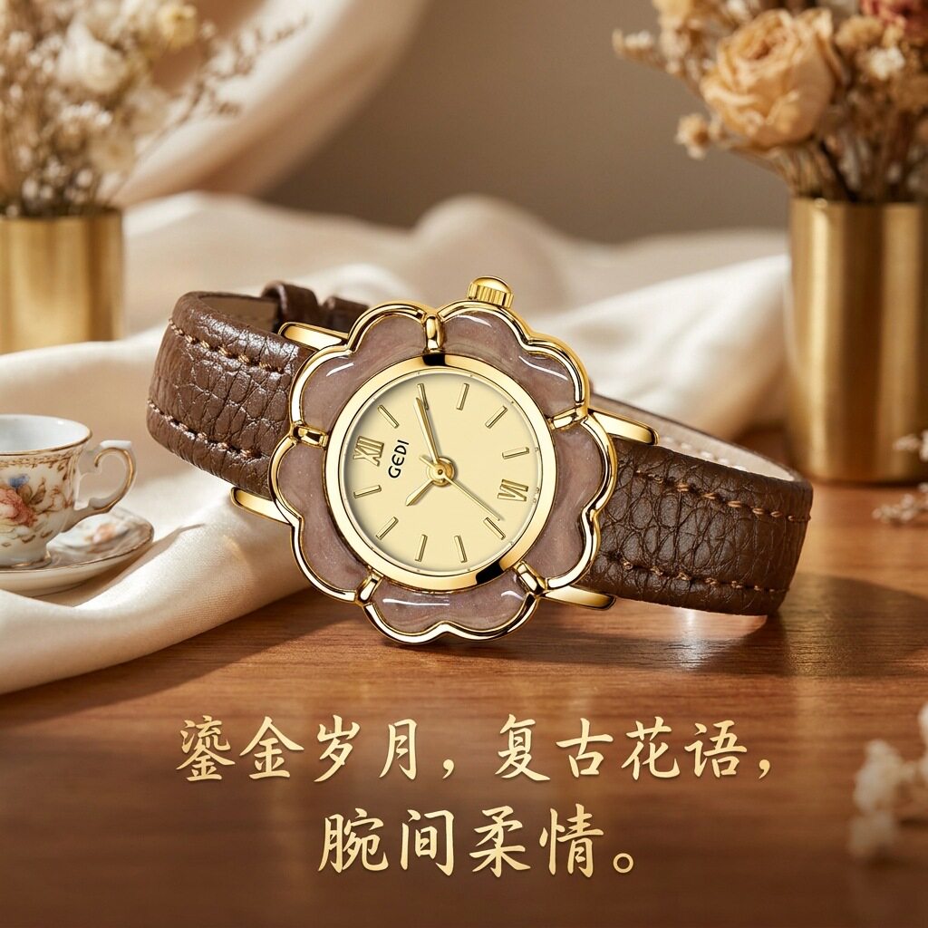 时尚花瓣形创意女表小众高级感简约精致学生清新皮带石英手表