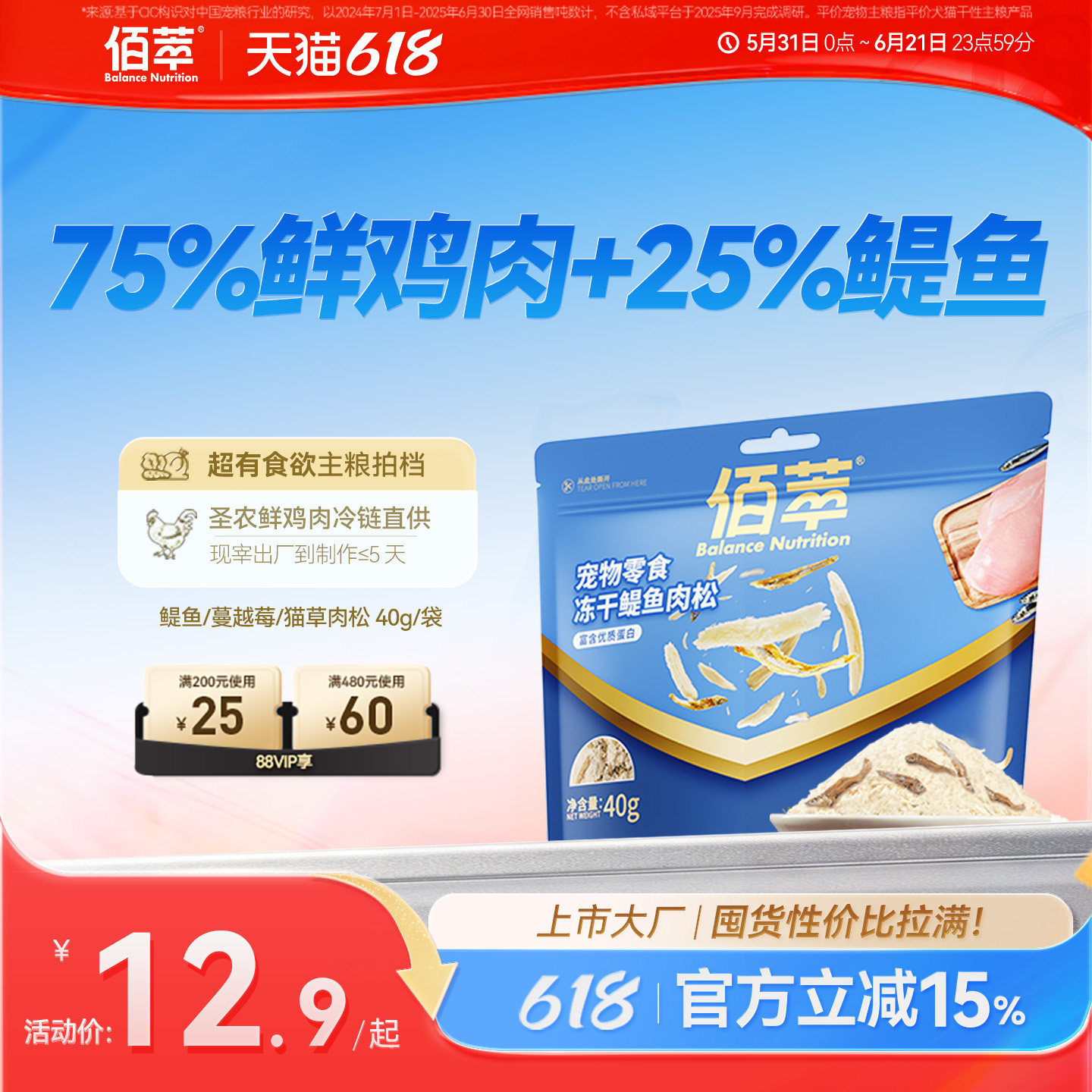 【618狂欢日】佰萃冻干肉松猫草排毛猫零食冻干碎拌饭鲜鸡肉肉松