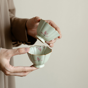 草木灰纯手绘粉兰花黎初杯陶瓷品茗杯个人家用主人单杯茶具 新中式