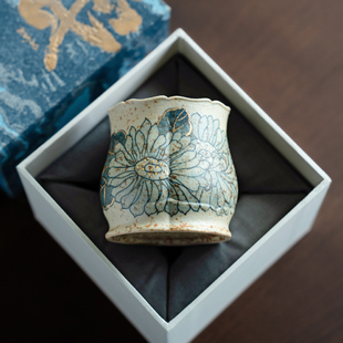 品茗杯 青花火石红陶瓷小茶杯创意描金纯手绘荷韵主人杯新中式