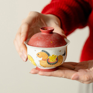 中式马上有钱盖碗茶杯陶瓷家用不烫手单个高颜值泡茶盖碗功夫茶具