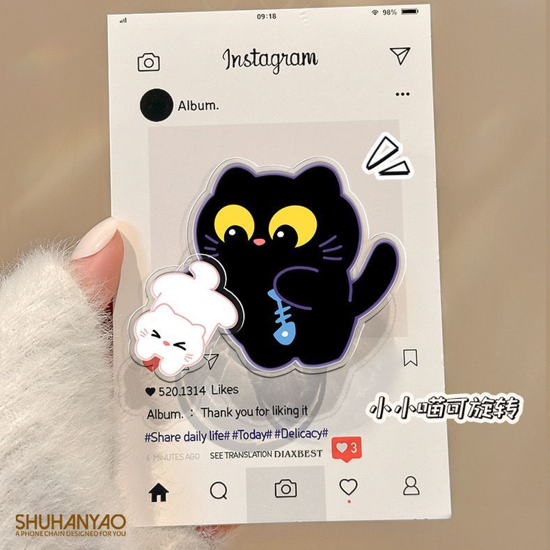 手机气囊支架背贴式趣味黑猫卡通粘贴式桌面支撑旋转可伸缩手机架