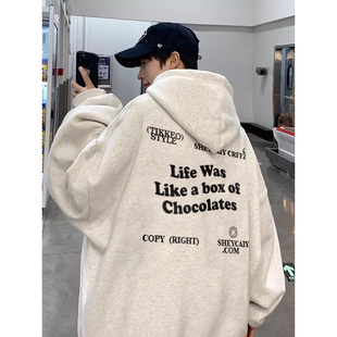 欧美式痞帅炸街淡灰色连帽卫衣男秋冬季潮流百搭简约字母印花外套