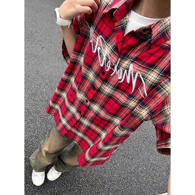 美式街头红色格子衬衫短袖男
