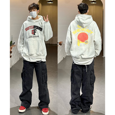 连帽卫衣男春款重磅oversize男款硬挺ins高端hiphop加绒加厚帽衫