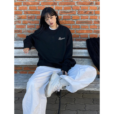 潮牌美式重磅黑色圆领卫衣男