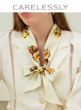 CARELESSLY 鱼戏浮萍间 原创桑蚕真丝丝巾发带绑包长条窄飘带秋冬