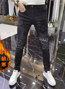 FH秋冬男士牛仔裤2025潮牌重工烫钻刺绣时尚加绒修身百搭黑色男裤