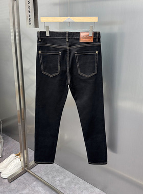 FH秋冬黑色男士牛仔裤2025修身明线直筒小脚潮流百搭弹力休闲长裤