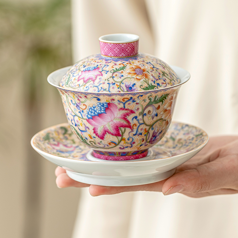 霜语珐瑯彩玲珑盖碗单个高端三才陶瓷家用不烫手功夫茶具茶碗带盖