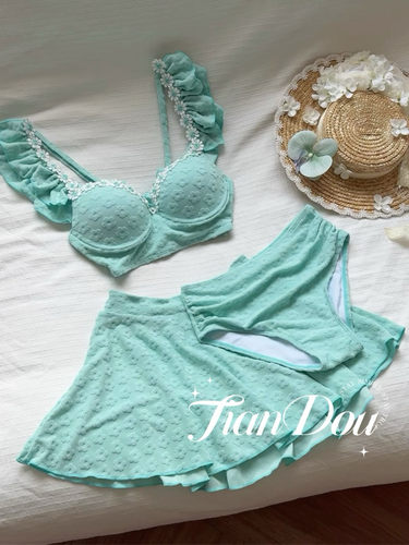 【薄荷小雏菊】高级质感花朵刺绣钢托海边度假泳衣纯御比基尼7407