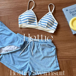 海军条纹bikini毛巾料沙滩短裤 沙滩温泉度假温泉分体泳衣 搭配短袖