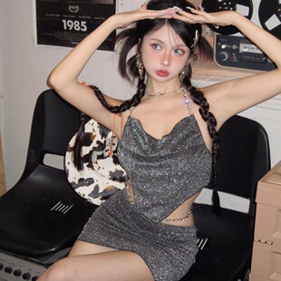 高腰女 黑色爆闪钻链钢托分体泳衣三件套沙滩度假泳装 暗夜星空