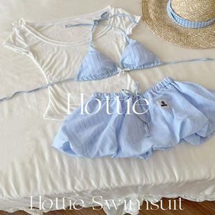 比基尼三件套可爱小清新度假温泉海边风学生分体泳衣 少女格子