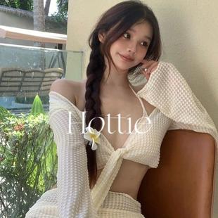 沙滩温泉度假沙滩泳衣 罩衫 春夏新款 性感纯欲吊带bikini四件套长袖