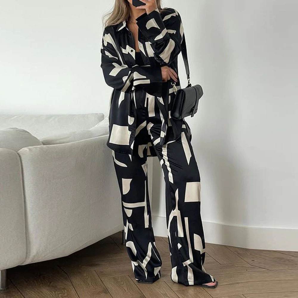 欧美时尚宽松衬衫高腰阔腿裤套装Casual Loose Two Piece Set