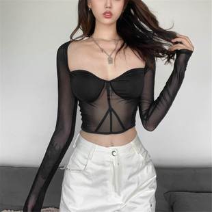 欧美性感辣妹风黑色网纱鱼骨拼接长袖T恤女短款显瘦修身心机上衣