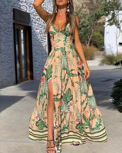 Tropical Print Slit Maxi Dress v领印花收腰开叉大摆连衣裙